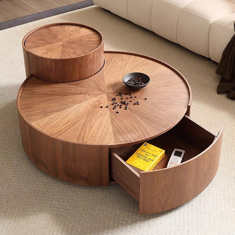 Moderner minimalistischer runder Couchtisch aus massivem Holz mit mehrschichtiger Platte, 1 Schublade, 1 Schrank, beweglich für das Wohnzimmer 