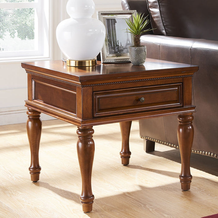 Modern Minimalist Square Solid Wood Eco-Friendly Panel Side Table 4-Leg 1-Drawer For Living Room