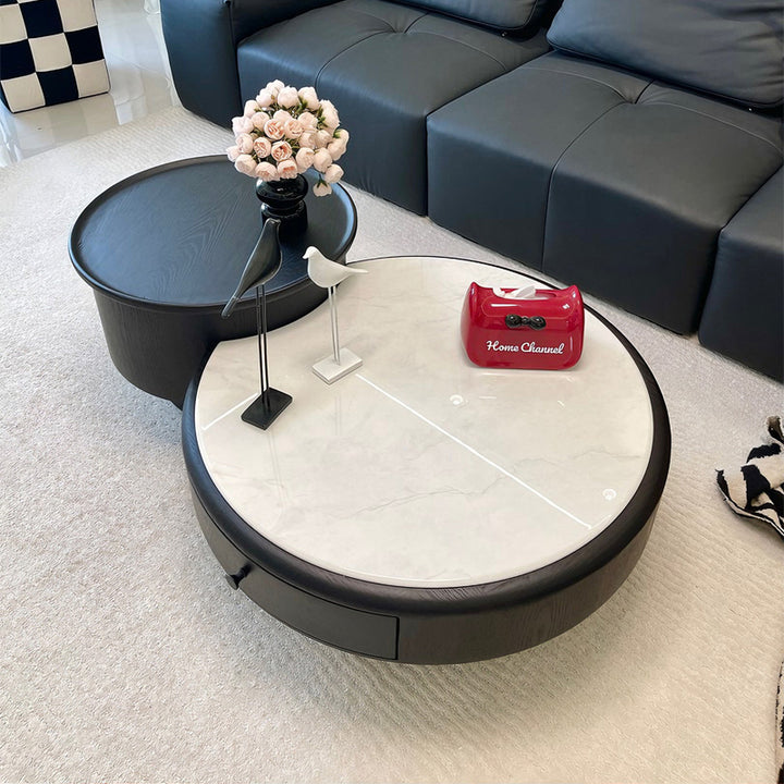 Table basse de luxe moderne ronde en pierre microcristalline, panneau de fibres à densité moyenne, bois massif, 1 tiroir et 1 placard pour salon 