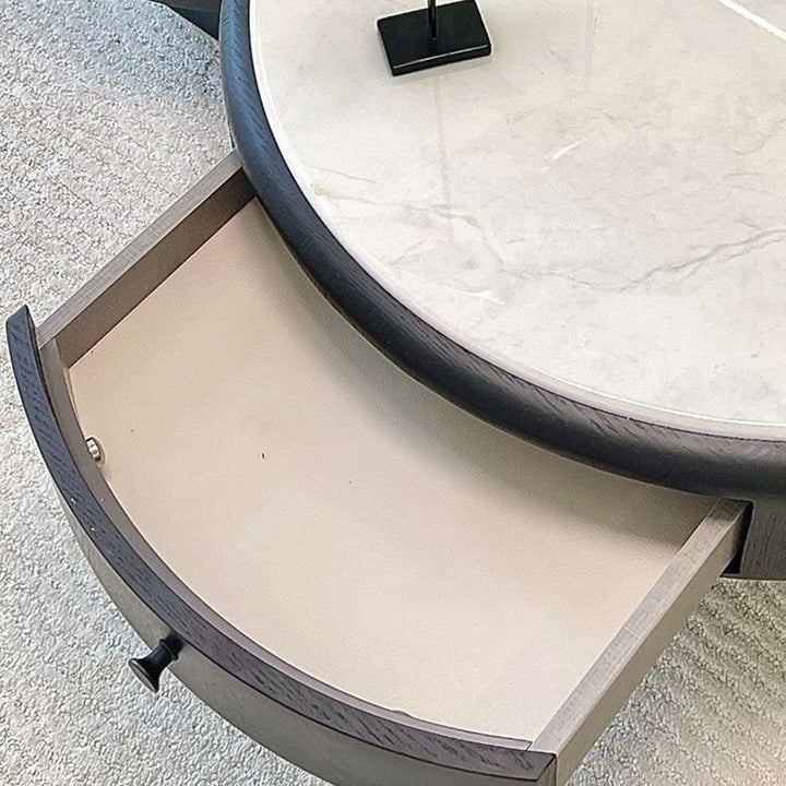 Table basse de luxe moderne ronde en pierre microcristalline, panneau de fibres à densité moyenne, bois massif, 1 tiroir et 1 placard pour salon 