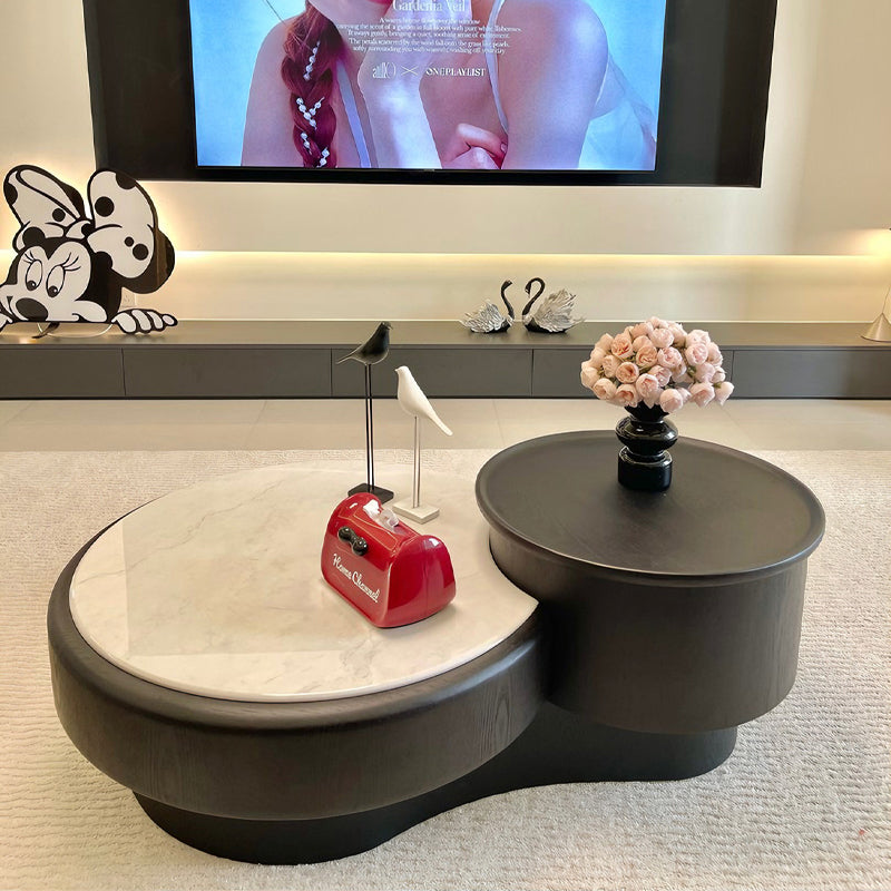 Table basse de luxe moderne ronde en pierre microcristalline, panneau de fibres à densité moyenne, bois massif, 1 tiroir et 1 placard pour salon 