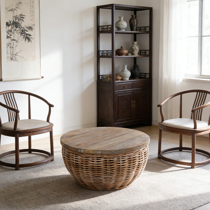 Traditioneller Vintage Runder Rattan Couchtisch - Massivholz: Handgewebt, Rustikaler Charme, Langlebige Handwerkskunst & Zeitlose Ästhetik Für Wohnzimmer & Veranda 