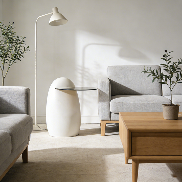 Moderner luxuriöser runder Fiberglas-Glas-Beistelltisch für das Wohnzimmer 