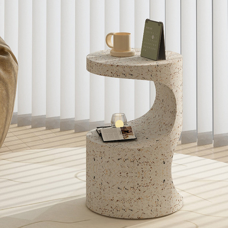 Modern Luxury Round Curved Iron Side Table 2-Tier Terrazzo Finish For Living Room