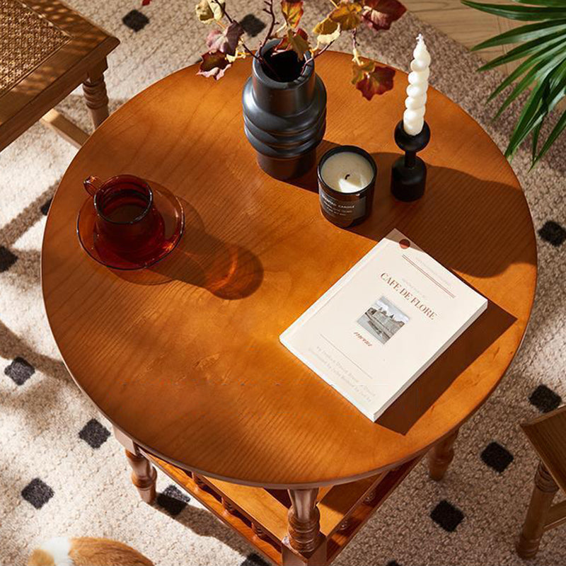 Traditional Vintage Round Solid Wood Multi-Layer Panel Solid Wood Side Table 2-Tier 4-Leg For Living Room