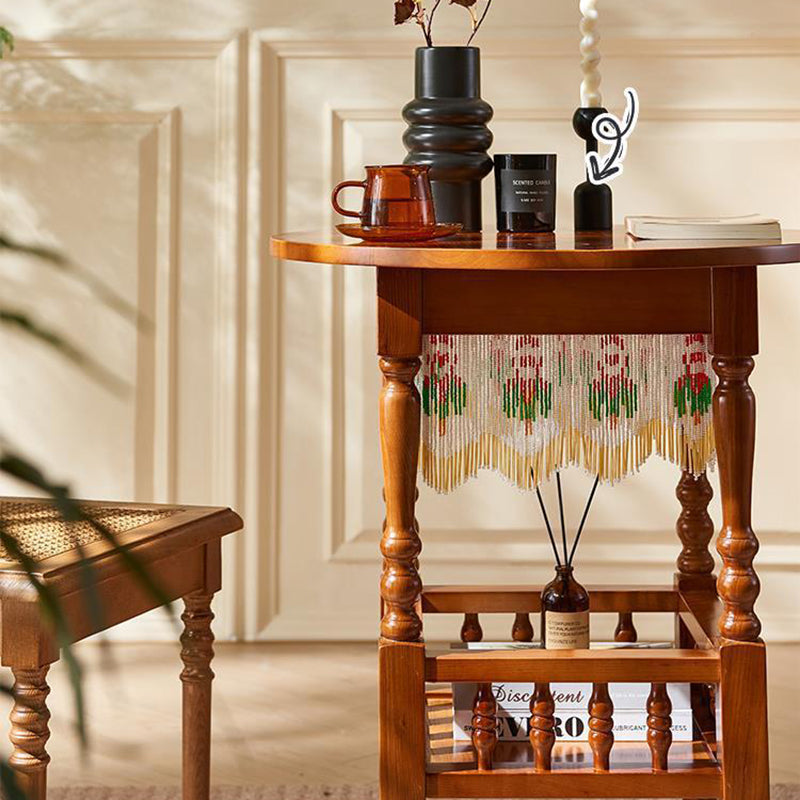 Traditional Vintage Round Solid Wood Multi-Layer Panel Solid Wood Side Table 2-Tier 4-Leg For Living Room