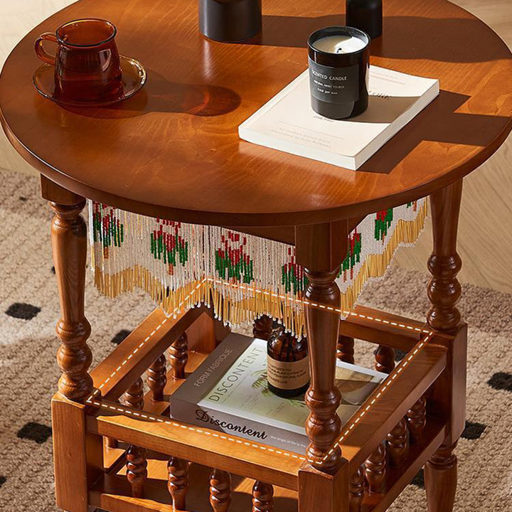 Traditional Vintage Round Solid Wood Multi-Layer Panel Solid Wood Side Table 2-Tier 4-Leg For Living Room