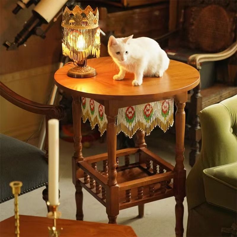 Traditional Vintage Round Solid Wood Multi-Layer Panel Solid Wood Side Table 2-Tier 4-Leg For Living Room