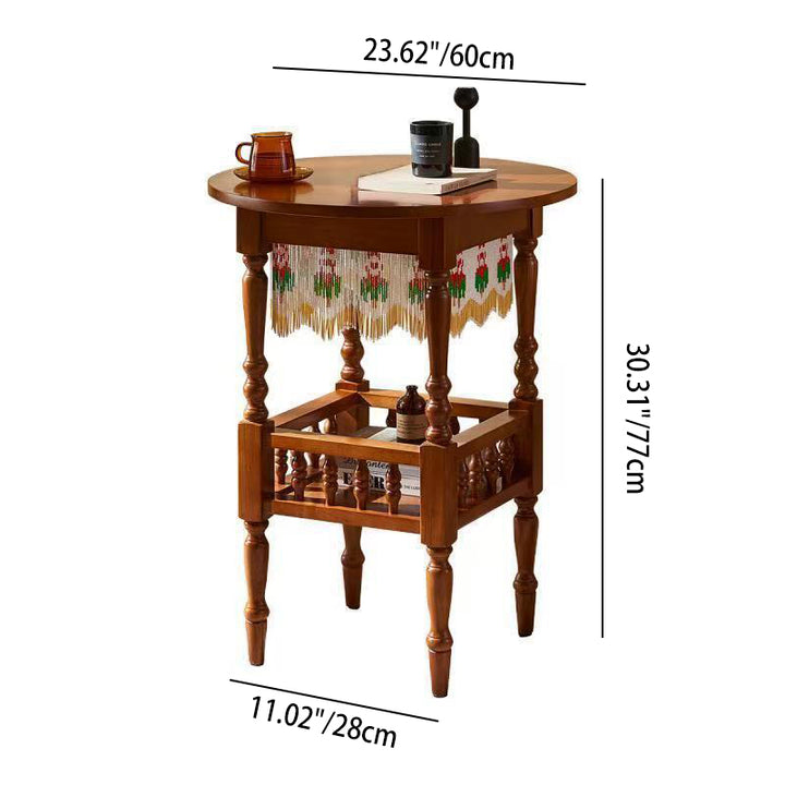 Traditional Vintage Round Solid Wood Multi-Layer Panel Solid Wood Side Table 2-Tier 4-Leg For Living Room