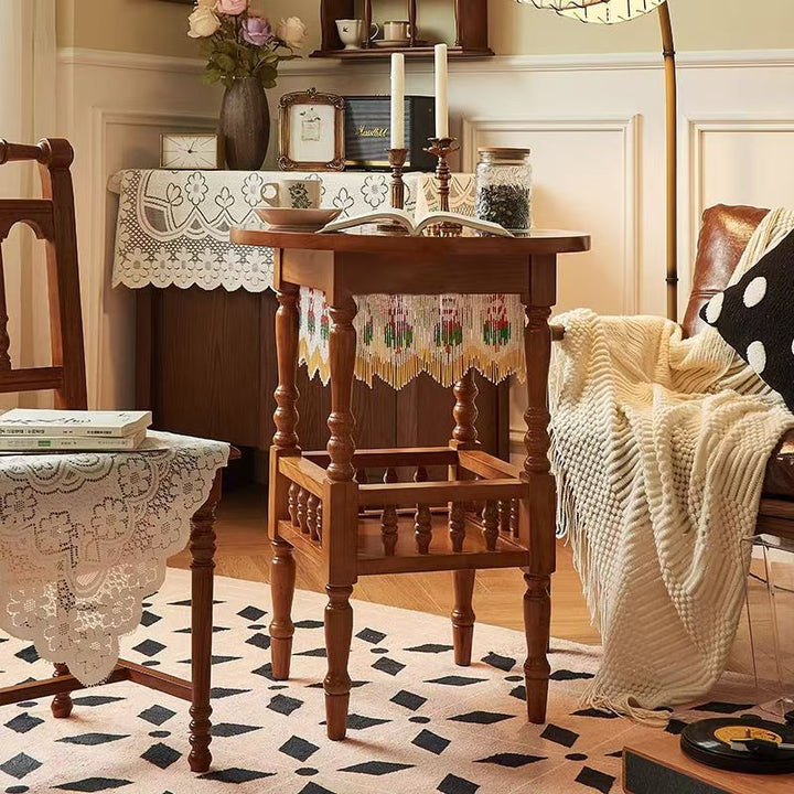 Traditional Vintage Round Solid Wood Multi-Layer Panel Solid Wood Side Table 2-Tier 4-Leg For Living Room