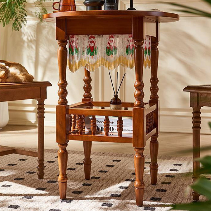 Traditional Vintage Round Solid Wood Multi-Layer Panel Solid Wood Side Table 2-Tier 4-Leg For Living Room