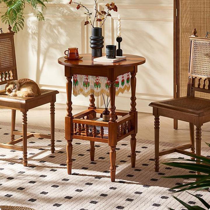 Traditional Vintage Round Solid Wood Multi-Layer Panel Solid Wood Side Table 2-Tier 4-Leg For Living Room