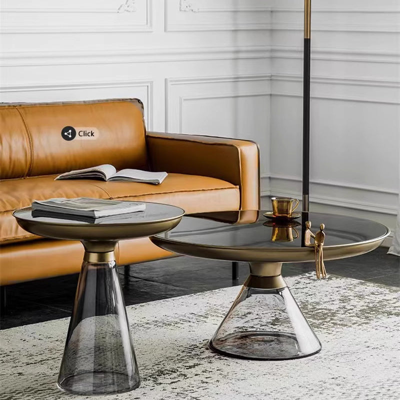 Modern Luxury Round Tempered Glass Metal Coffee Table Geometric Design For Living Room