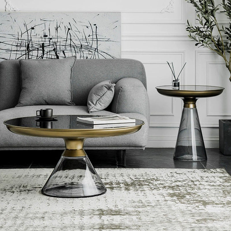 Modern Luxury Round Tempered Glass Metal Coffee Table Geometric Design For Living Room