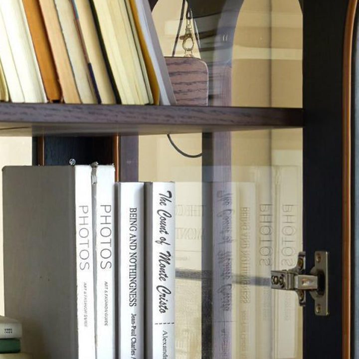 Traditional Vintage Rectangular Solid Wood Multi-Layer Panel Glass Bookshelves 3-Tier 1-Cabinet Rotatable For Living Room
