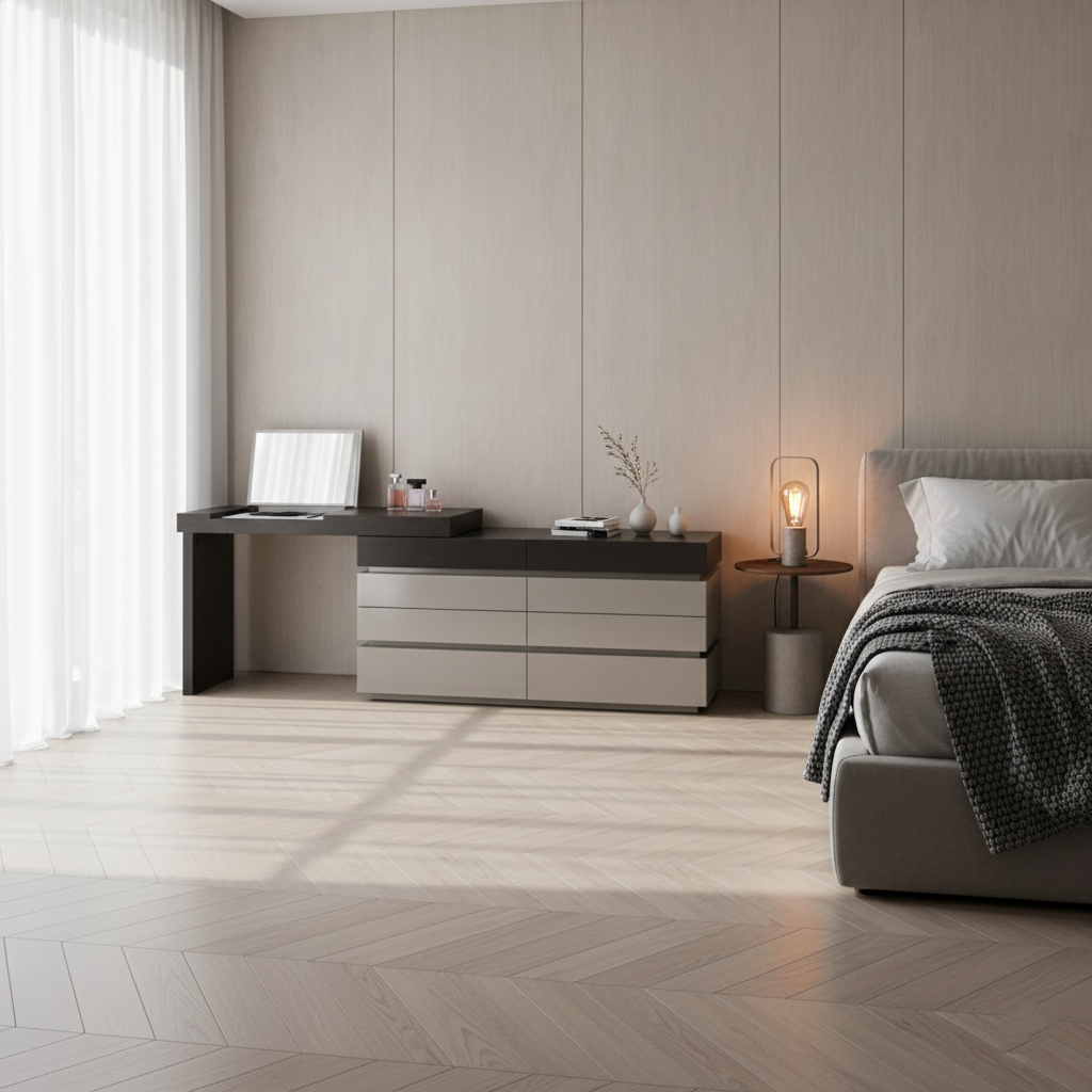 Coiffeuse rectangulaire moderne minimaliste - panneau en bois massif multicouche : support de charge robuste, écologique, grain naturel clair, rangement classé efficace, surface peu encombrante et facile à nettoyer pour salon et chambre 