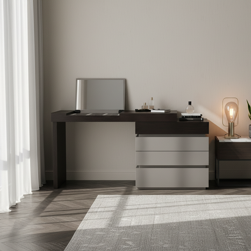 Coiffeuse rectangulaire moderne minimaliste - panneau en bois massif multicouche : support de charge robuste, écologique, grain naturel clair, rangement classé efficace, surface peu encombrante et facile à nettoyer pour salon et chambre 