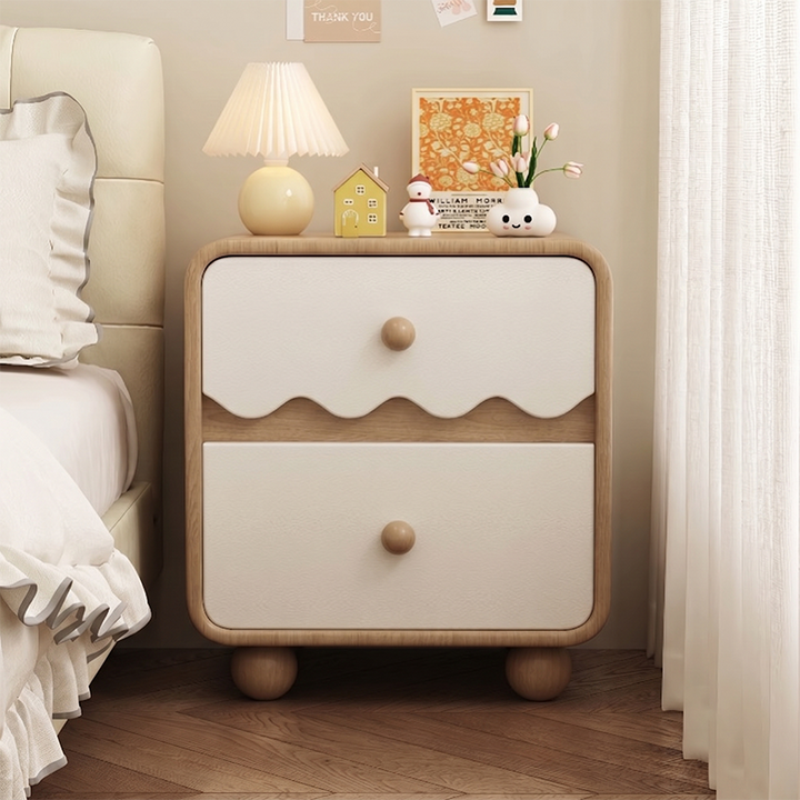 Table de chevet rectangulaire contemporaine en faux cuir pin nordique avec 2 tiroirs pour salon et chambre 