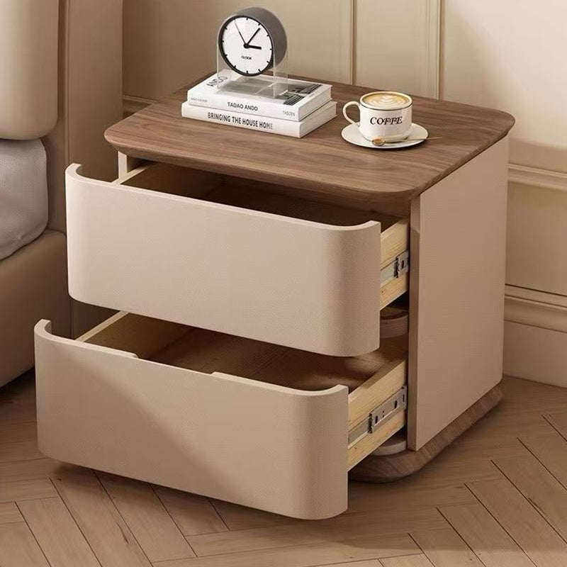 Contemporary Nordic Pine Wood Plywood Faux Leather Rectangular Nightstand With 2 Drawers For Bedroom