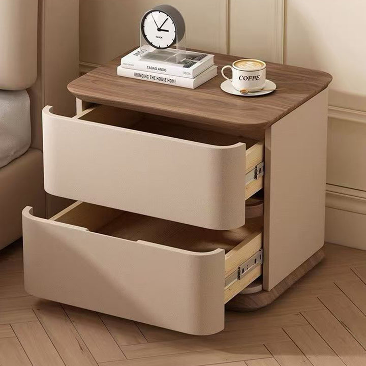 Contemporary Nordic Pine Wood Plywood Faux Leather Rectangular Nightstand With 2 Drawers For Bedroom