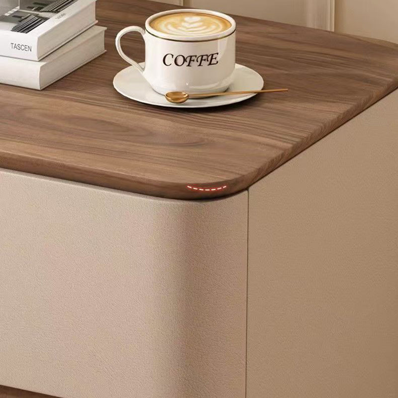 Contemporary Nordic Pine Wood Plywood Faux Leather Rectangular Nightstand With 2 Drawers For Bedroom