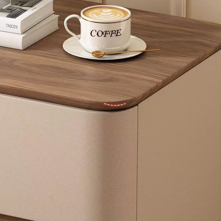 Contemporary Nordic Pine Wood Plywood Faux Leather Rectangular Nightstand With 2 Drawers For Bedroom
