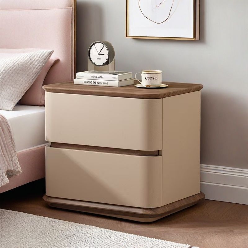 Contemporary Nordic Pine Wood Plywood Faux Leather Rectangular Nightstand With 2 Drawers For Bedroom