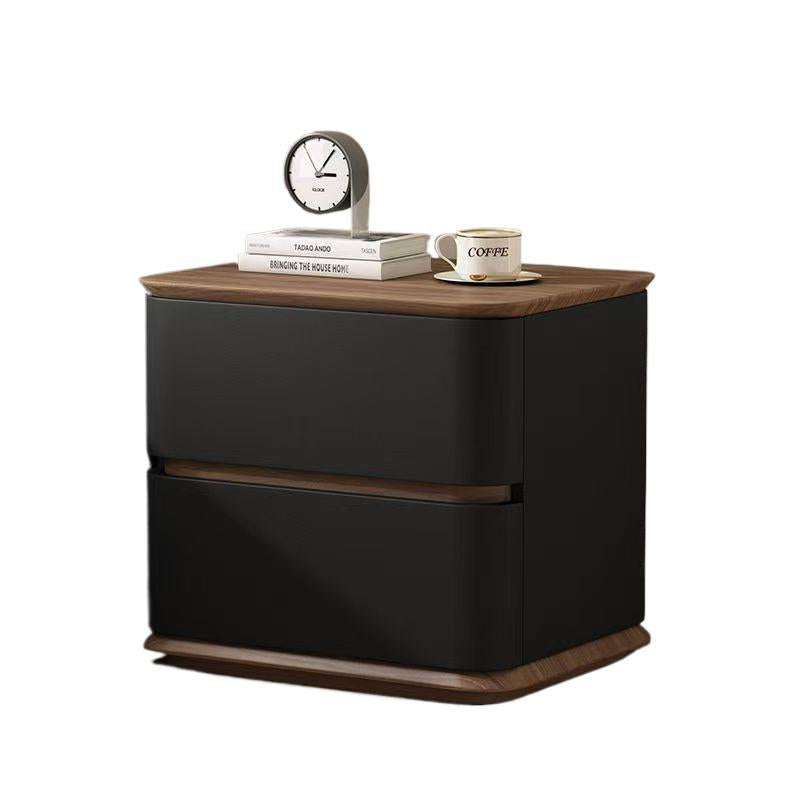 Contemporary Nordic Pine Wood Plywood Faux Leather Rectangular Nightstand With 2 Drawers For Bedroom