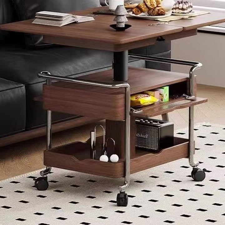 Table basse moderne minimaliste rectangulaire en panneau de bois massif avec acier inoxydable et verre, réglable en hauteur, extensible et mobile, à 1 placard pour salon et chambre 