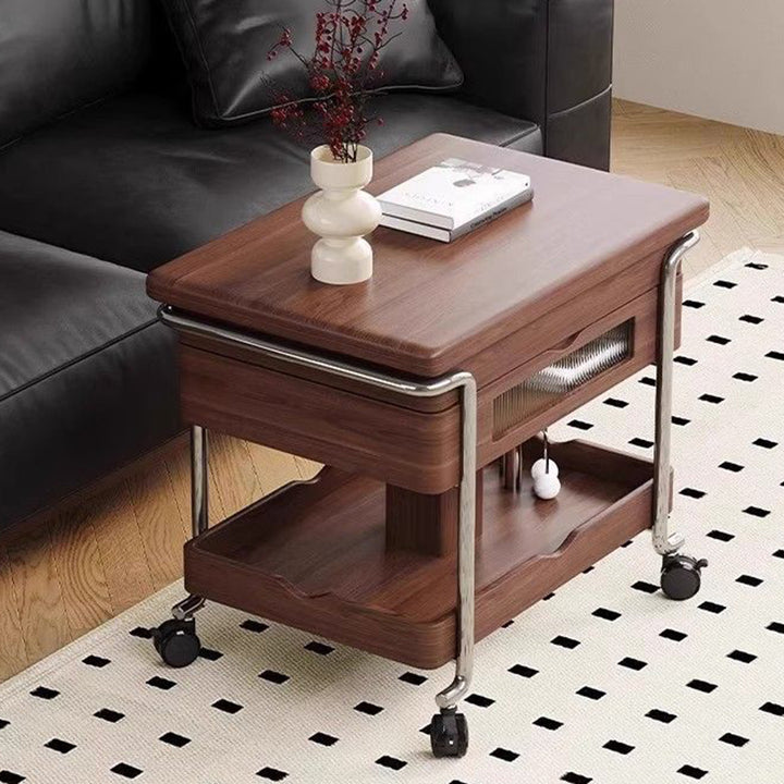 Table basse moderne minimaliste rectangulaire en panneau de bois massif avec acier inoxydable et verre, réglable en hauteur, extensible et mobile, à 1 placard pour salon et chambre 