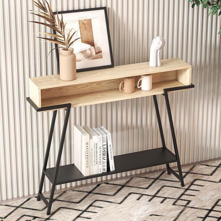 Console de rangement rectangulaire à 3 niveaux en bois massif et cadre en fer, style minimaliste moderne, pour entrées 