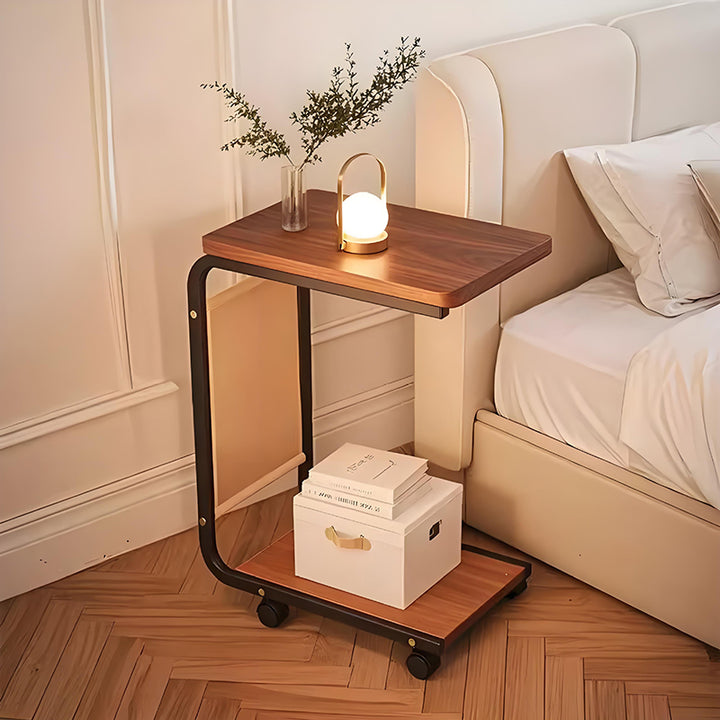 Moderner minimalistischer MDF-Eisenstoff rechteckiger beweglicher 2-stufiger Beistelltisch mit seitlicher Aufbewahrungstasche für Wohnzimmer & Schlafzimmer 