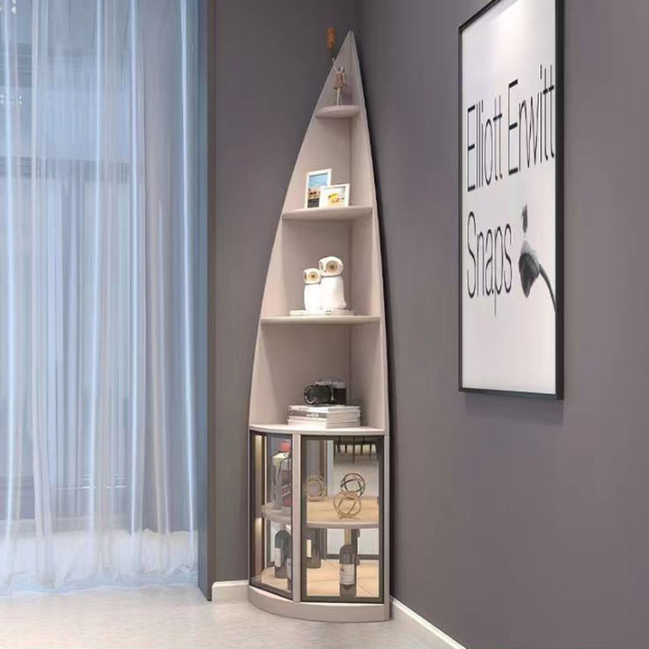 Étagère d’angle en forme d’éventail à 6 niveaux en aggloméré moderne de luxe, aluminium et verre trempé, design en goutte d’eau et gain de place pour salon 