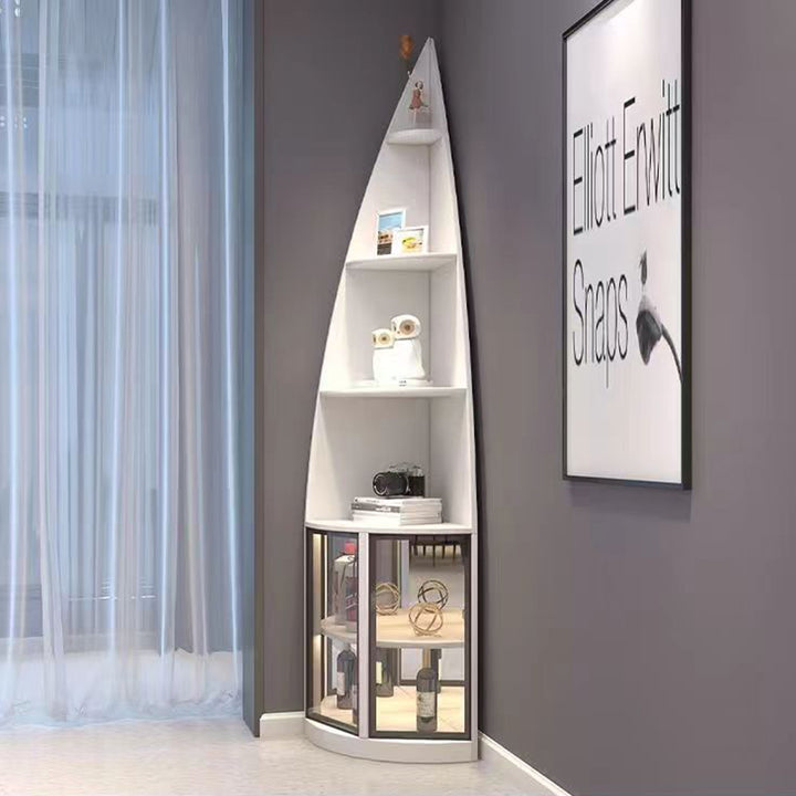 Étagère d’angle en forme d’éventail à 6 niveaux en aggloméré moderne de luxe, aluminium et verre trempé, design en goutte d’eau et gain de place pour salon 