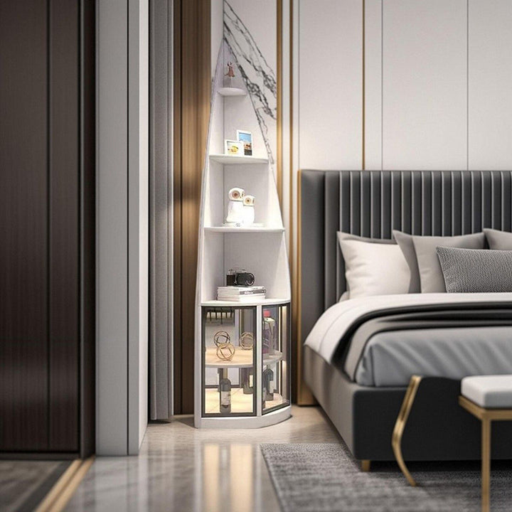 Étagère d’angle en forme d’éventail à 6 niveaux en aggloméré moderne de luxe, aluminium et verre trempé, design en goutte d’eau et gain de place pour salon 