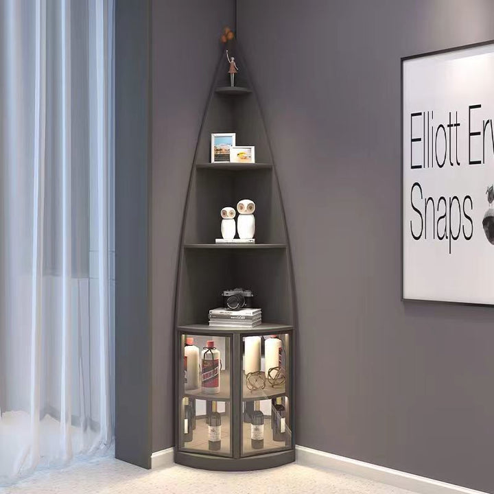 Étagère d’angle en forme d’éventail à 6 niveaux en aggloméré moderne de luxe, aluminium et verre trempé, design en goutte d’eau et gain de place pour salon 