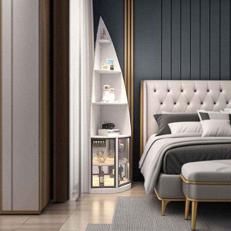 Étagère d’angle en forme d’éventail à 6 niveaux en aggloméré moderne de luxe, aluminium et verre trempé, design en goutte d’eau et gain de place pour salon 