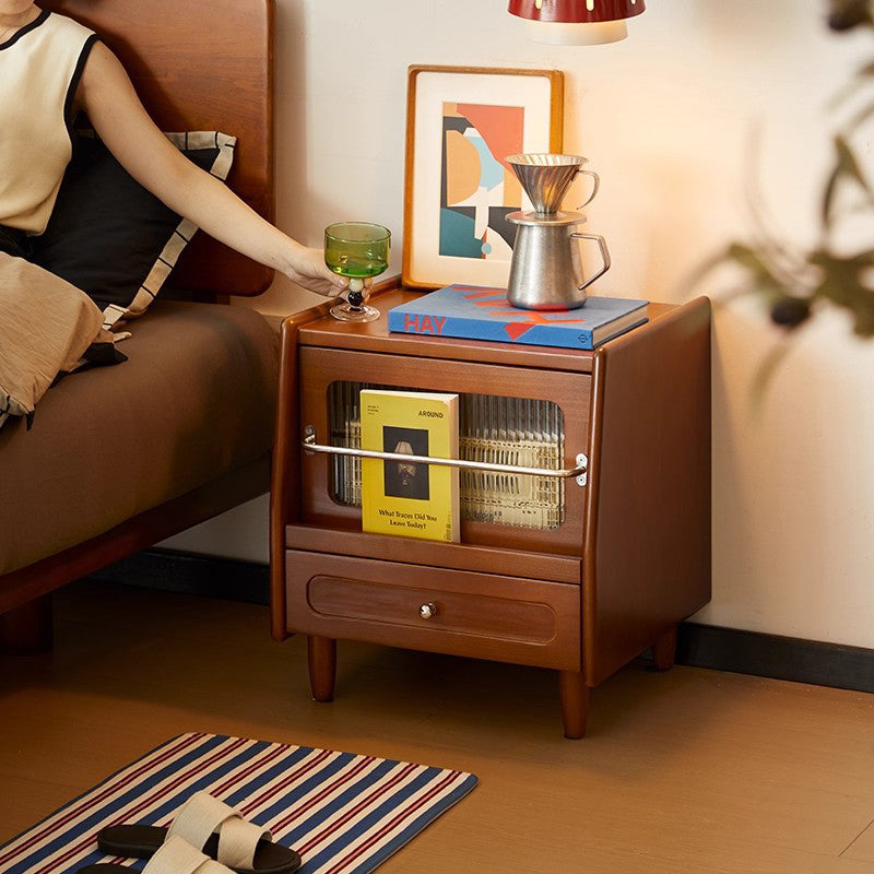 Table de chevet carrée moderne minimaliste en bois d’hévéa massif, contreplaqué et acrylique, à 2 tiroirs avec rangement et fermeture silencieuse pour chambre à coucher 