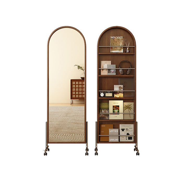 Zeitgenössisches nordisches Gummibaumholz Edelstahl Glas Ellipse Ganzkörperspiegel Bücherregal 5-stufiges bewegliches drehbares Aufbewahrungsregal für das Wohnzimmer 