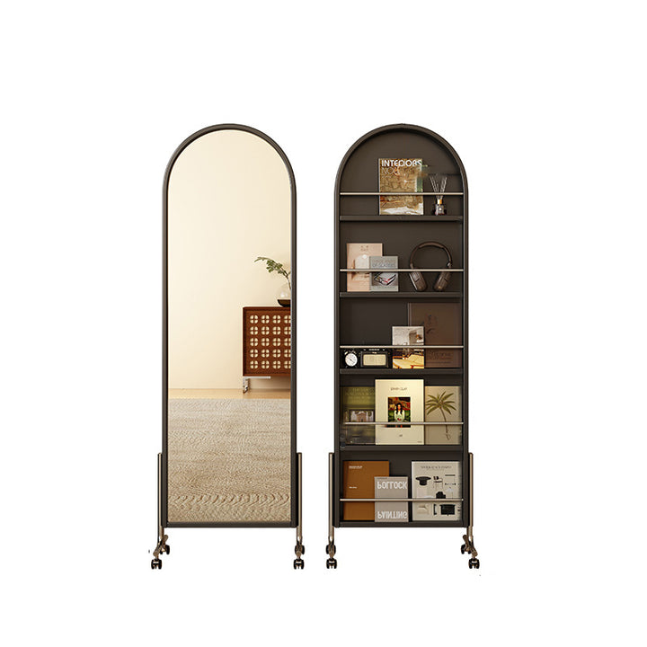 Zeitgenössisches nordisches Gummibaumholz Edelstahl Glas Ellipse Ganzkörperspiegel Bücherregal 5-stufiges bewegliches drehbares Aufbewahrungsregal für das Wohnzimmer 
