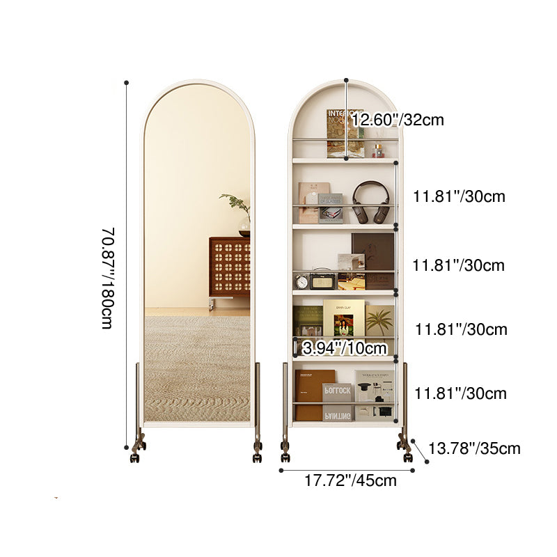 Zeitgenössisches nordisches Gummibaumholz Edelstahl Glas Ellipse Ganzkörperspiegel Bücherregal 5-stufiges bewegliches drehbares Aufbewahrungsregal für das Wohnzimmer 