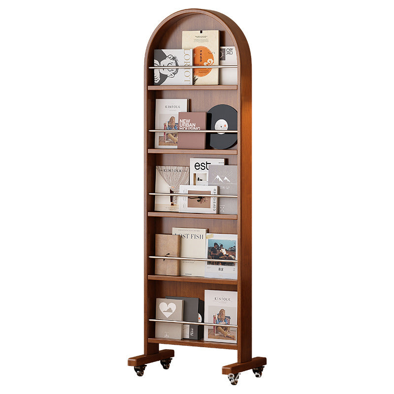 Zeitgenössisches nordisches Gummibaumholz Edelstahl Glas Ellipse Ganzkörperspiegel Bücherregal 5-stufiges bewegliches drehbares Aufbewahrungsregal für das Wohnzimmer 