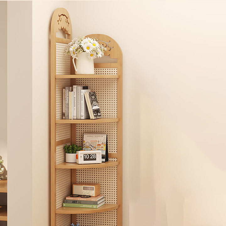 Modern Minimalist Nan Bamboo ABS Plastic Rattan Weaving Fan-shaped Corner Shelf Unit 5-Tier For Living Room