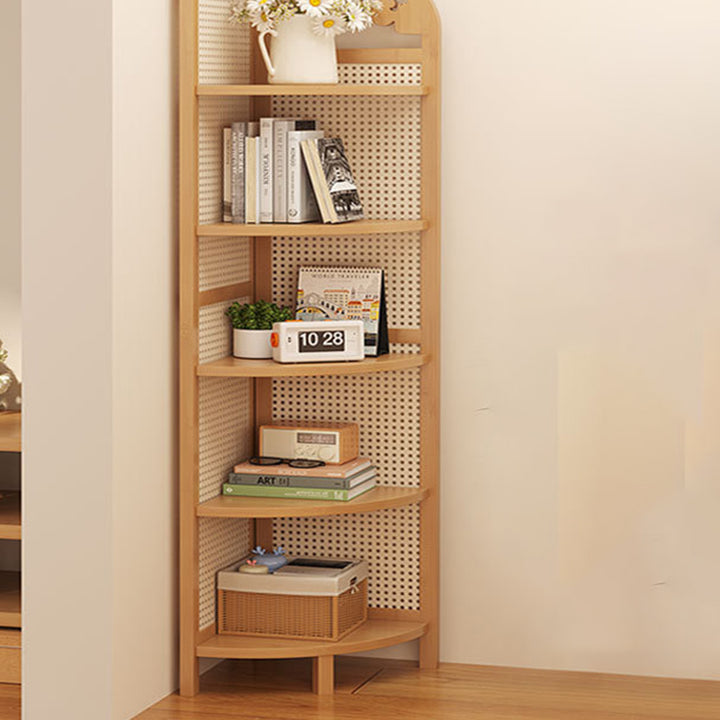 Modern Minimalist Nan Bamboo ABS Plastic Rattan Weaving Fan-shaped Corner Shelf Unit 5-Tier For Living Room