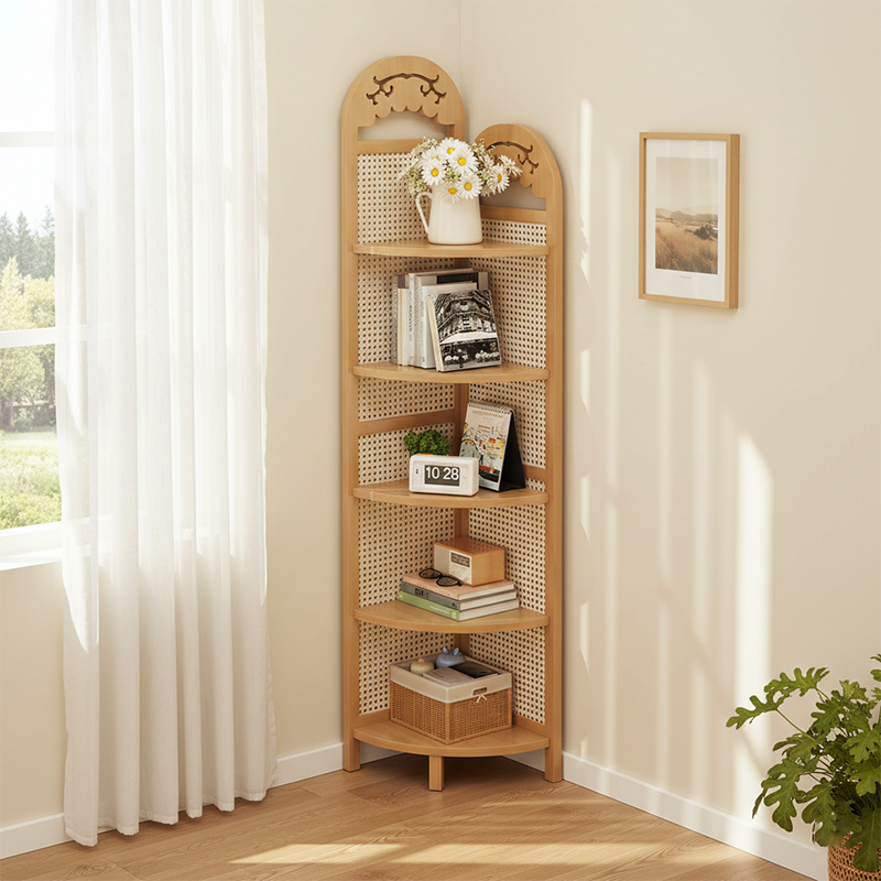 Modern Minimalist Nan Bamboo ABS Plastic Rattan Weaving Fan-shaped Corner Shelf Unit 5-Tier For Living Room