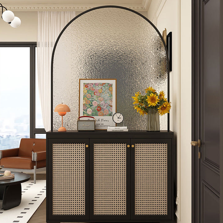 Moderner Mid-Century Schuhaufbewahrung aus massivem Holz, Öko-Platte, Kunst-Rattan, Edelstahl, Glas, rechteckig, 3-stufig für den Eingangsbereich 