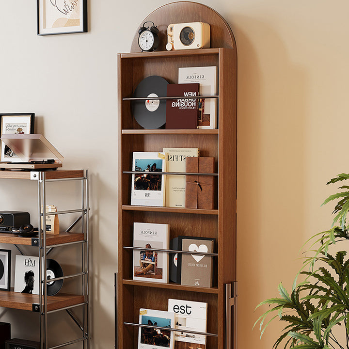 Zeitgenössisches nordisches Gummibaumholz Edelstahl Glas Ellipsen-Bücherregal 4-stufiger beweglicher Ganzkörperspiegel für das Wohnzimmer 