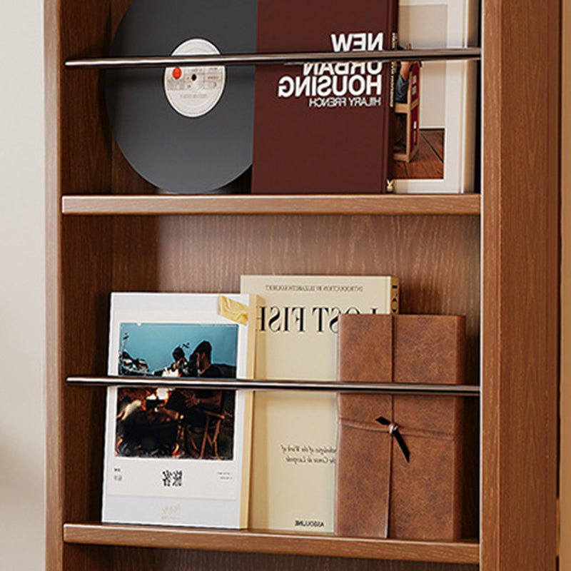 Zeitgenössisches nordisches Gummibaumholz Edelstahl Glas Ellipsen-Bücherregal 4-stufiger beweglicher Ganzkörperspiegel für das Wohnzimmer 