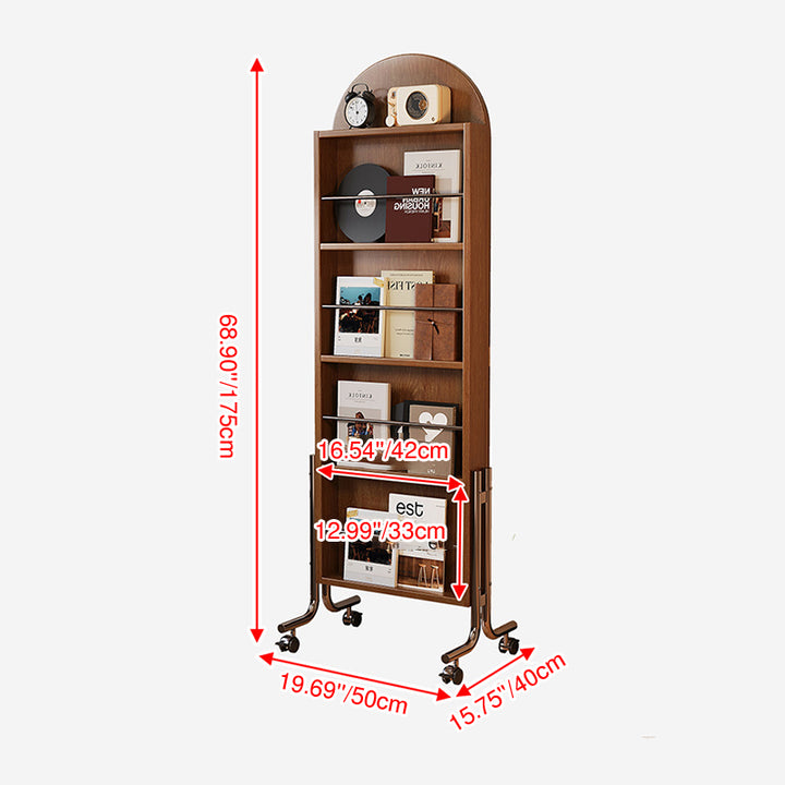 Zeitgenössisches nordisches Gummibaumholz Edelstahl Glas Ellipsen-Bücherregal 4-stufiger beweglicher Ganzkörperspiegel für das Wohnzimmer 