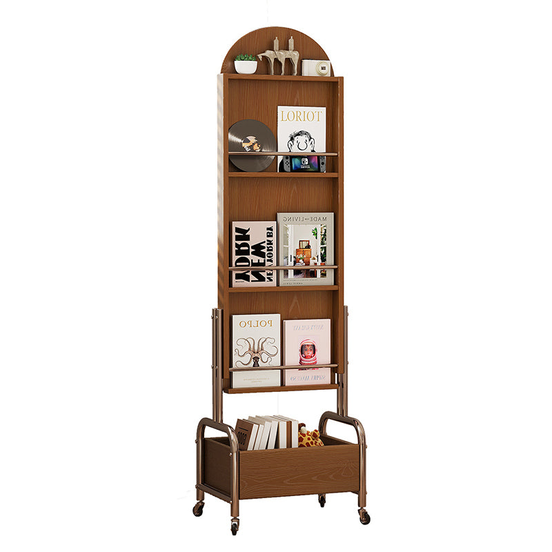 Zeitgenössisches nordisches Gummibaumholz Edelstahl Glas Ellipsen-Bücherregal 4-stufiger beweglicher Ganzkörperspiegel für das Wohnzimmer 